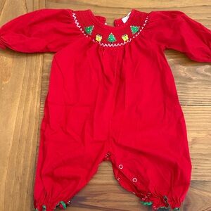 Marie Nicole Red Romper with Christmas Holiday Embroidery